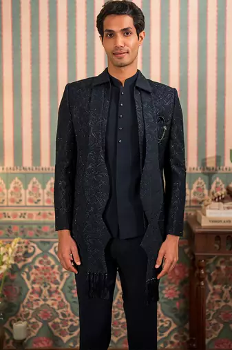 Navy blue jodhpuri suit with stone work and dupatta
