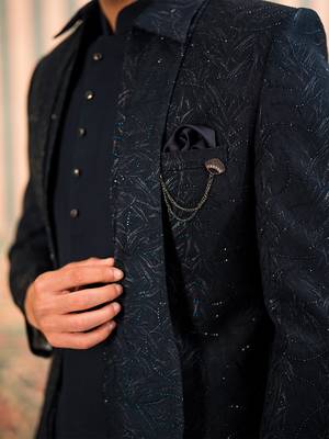 Navy blue jodhpuri suit with stone work and dupatta 4