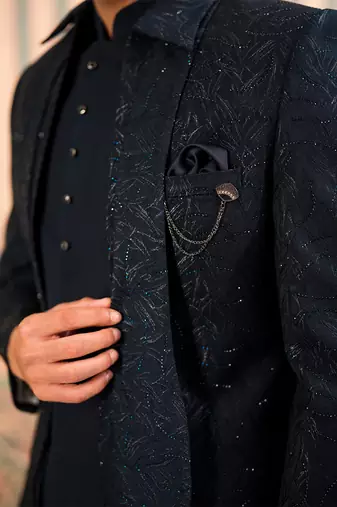 Navy blue jodhpuri suit with stone work and dupatta