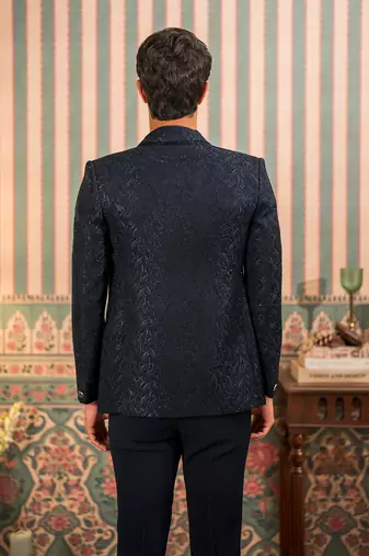 Navy blue jodhpuri suit with stone work and dupatta