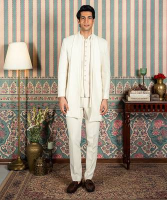 Ivory beaded velvet open jodhpuri suit with dupatta 1