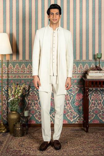 Ivory beaded velvet open jodhpuri suit with dupatta