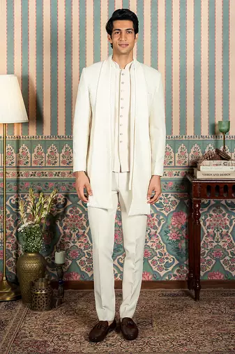 Ivory beaded velvet open jodhpuri suit with dupatta