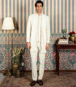 Ivory beaded velvet open jodhpuri suit with dupatta