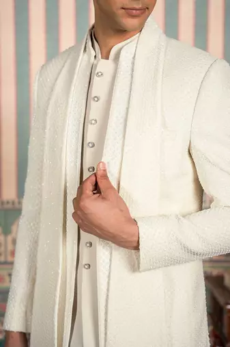 Ivory beaded velvet open jodhpuri suit with dupatta