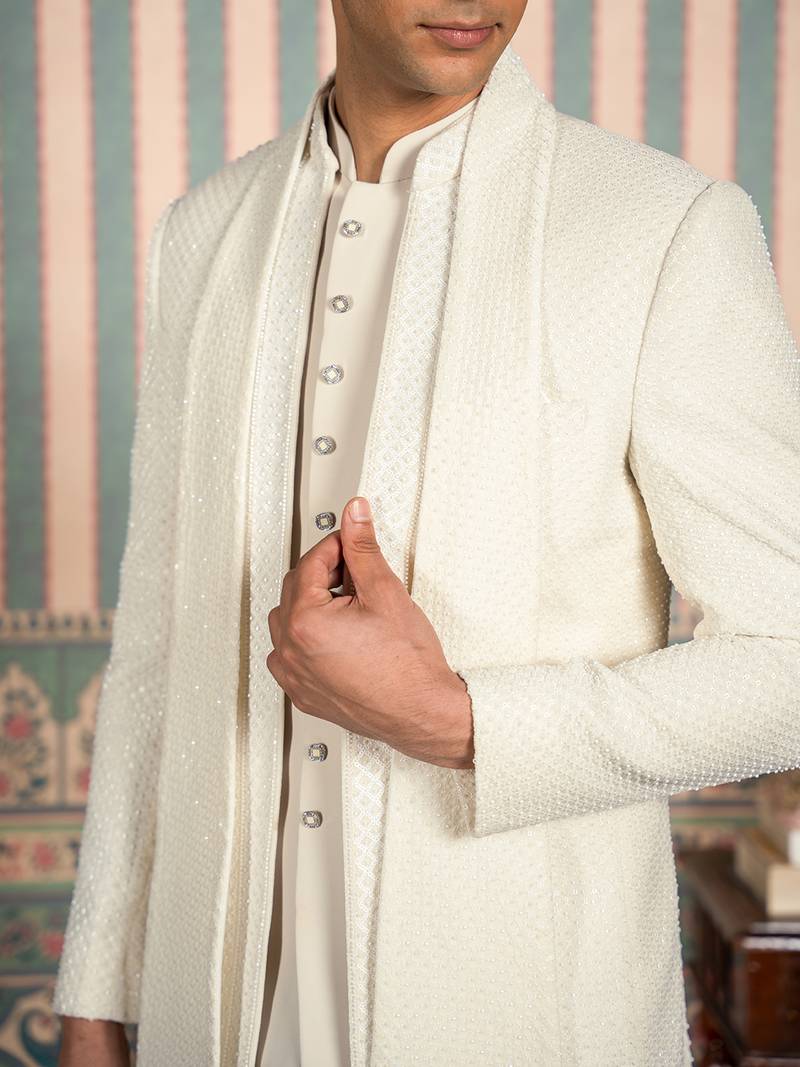 Ivory beaded velvet open jodhpuri suit with dupatta