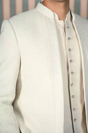 Ivory beaded velvet open jodhpuri suit with dupatta