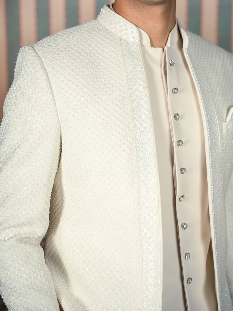 Ivory beaded velvet open jodhpuri suit with dupatta