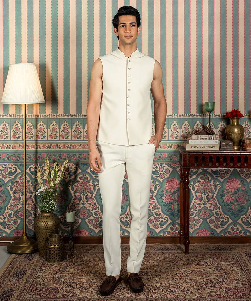 Ivory beaded velvet open jodhpuri suit with dupatta