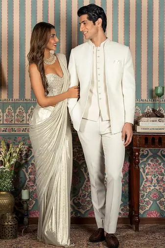 Ivory beaded velvet open jodhpuri suit with dupatta