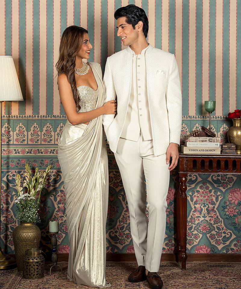 Ivory beaded velvet open jodhpuri suit with dupatta