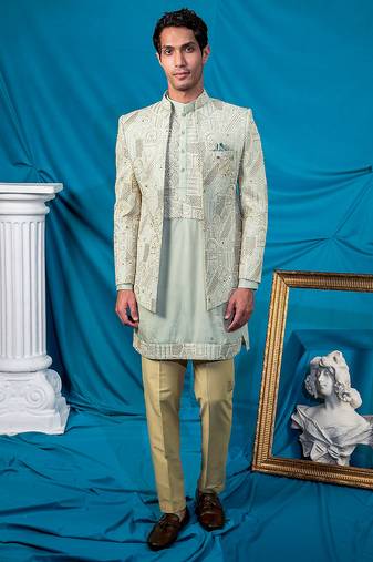 Pista green jodhpuri with indian heritage thread work and kurta