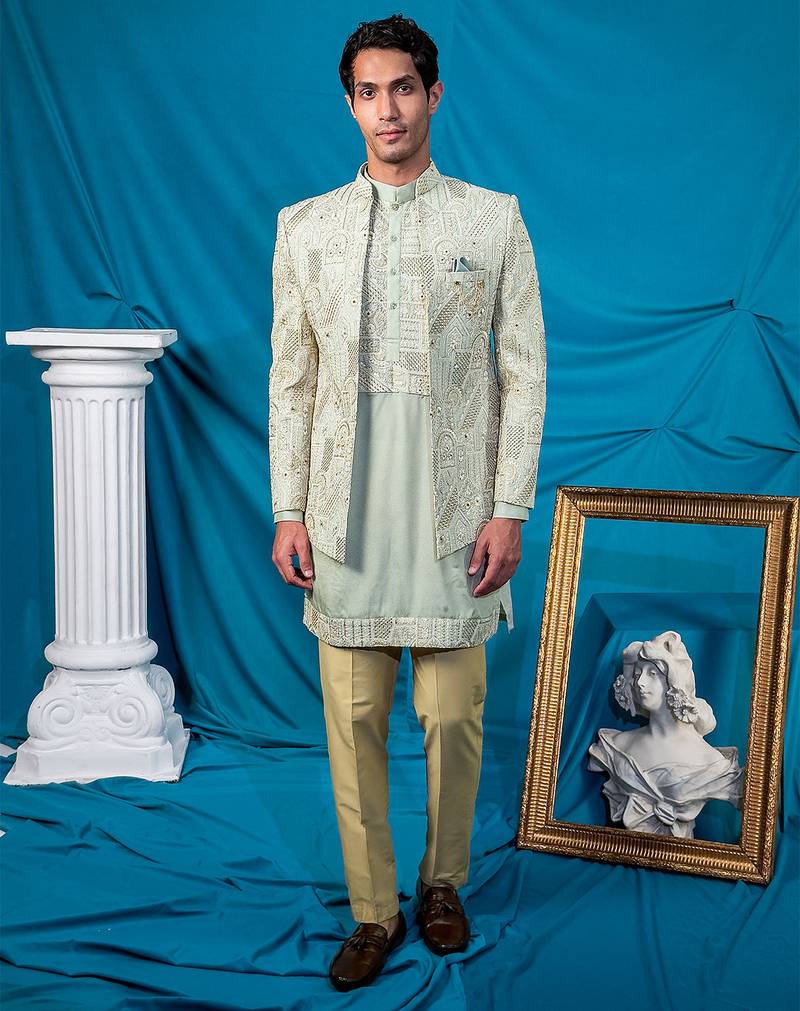 Pista green jodhpuri with indian heritage thread work and kurta