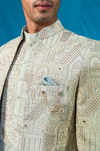 Pista green jodhpuri with indian heritage thread work and kurta