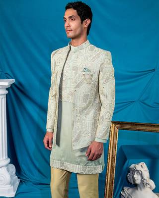 Pista green jodhpuri with indian heritage thread work and kurta 4