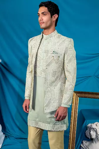 Pista green jodhpuri with indian heritage thread work and kurta