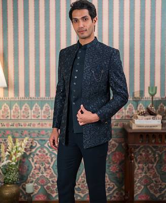 Deep green jodhpuri suit with sequins and thread work 5