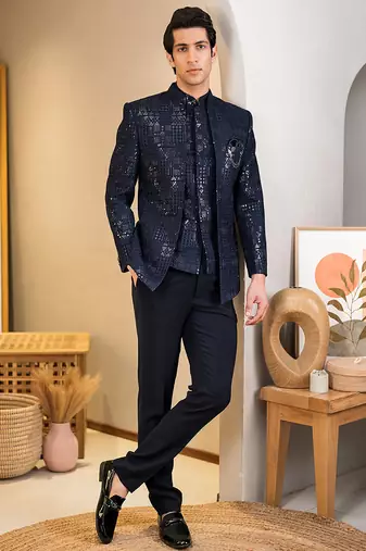 Royal blue jodhpuri with sequins and ethnic motif thread work
