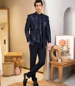 Royal blue jodhpuri with sequins and ethnic motif thread work