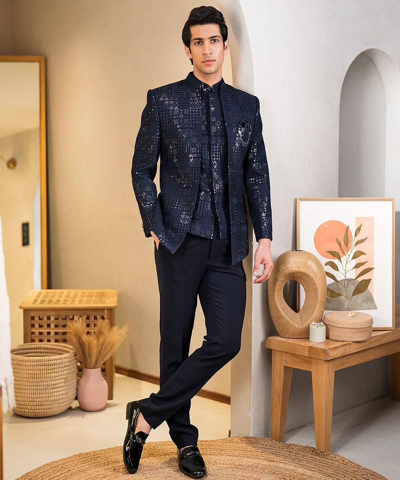 Royal blue jodhpuri with sequins and ethnic motif thread work