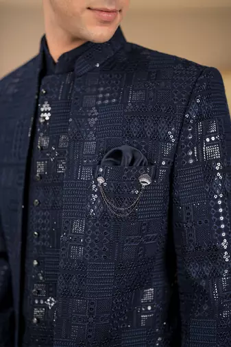 Royal blue jodhpuri with sequins and ethnic motif thread work