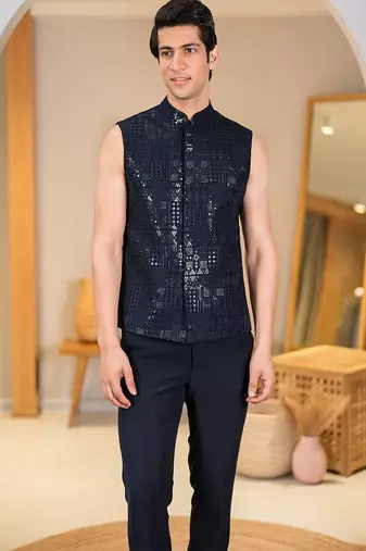 Royal blue jodhpuri with sequins and ethnic motif thread work