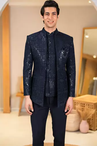 Royal blue jodhpuri with sequins and ethnic motif thread work