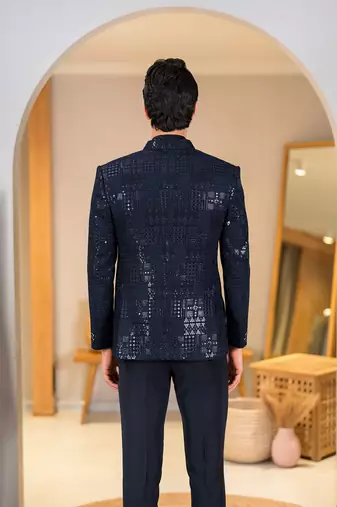 Royal blue jodhpuri with sequins and ethnic motif thread work
