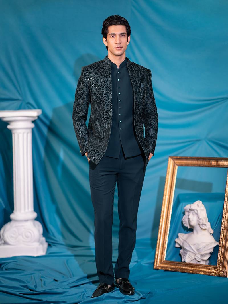 Green velvet jodhpuri suit with sequins and thread work