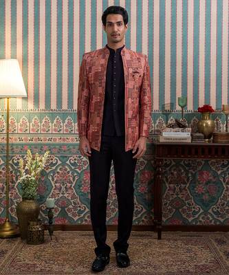 Maroon silk heritage motif open jodhpuri suit with stone work 1