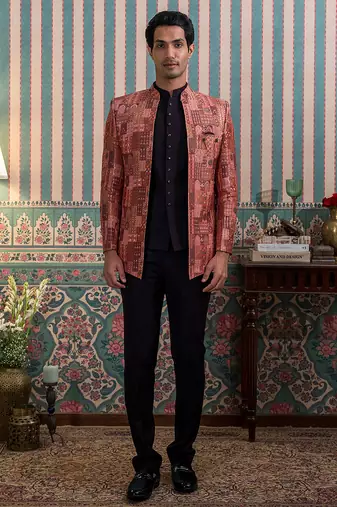 Maroon silk heritage motif open jodhpuri suit with stone work