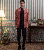 Maroon silk heritage motif open jodhpuri suit with stone work