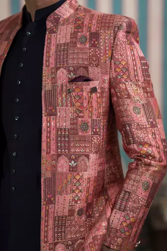 Maroon silk heritage motif open jodhpuri suit with stone work
