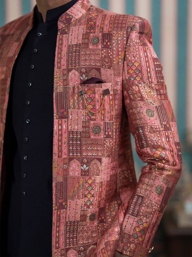 Maroon silk heritage motif open jodhpuri suit with stone work