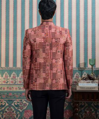 Maroon silk heritage motif open jodhpuri suit with stone work 3