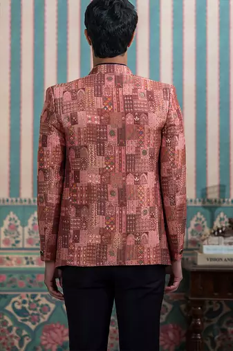 Maroon silk heritage motif open jodhpuri suit with stone work