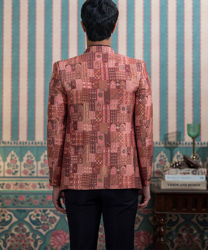 Maroon silk heritage motif open jodhpuri suit with stone work