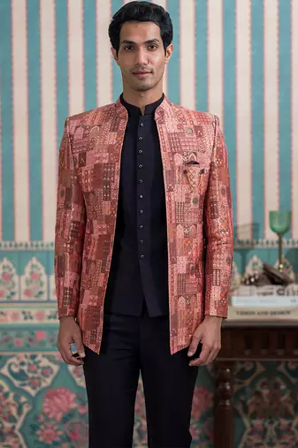 Maroon silk heritage motif open jodhpuri suit with stone work