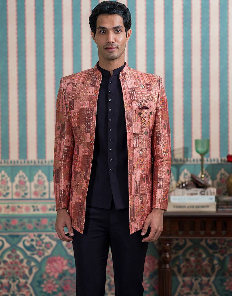 Maroon silk heritage motif open jodhpuri suit with stone work