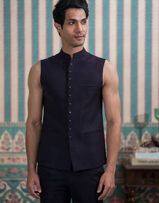 Maroon silk heritage motif open jodhpuri suit with stone work 5