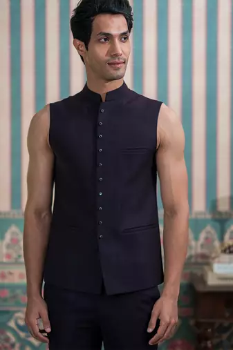 Maroon silk heritage motif open jodhpuri suit with stone work