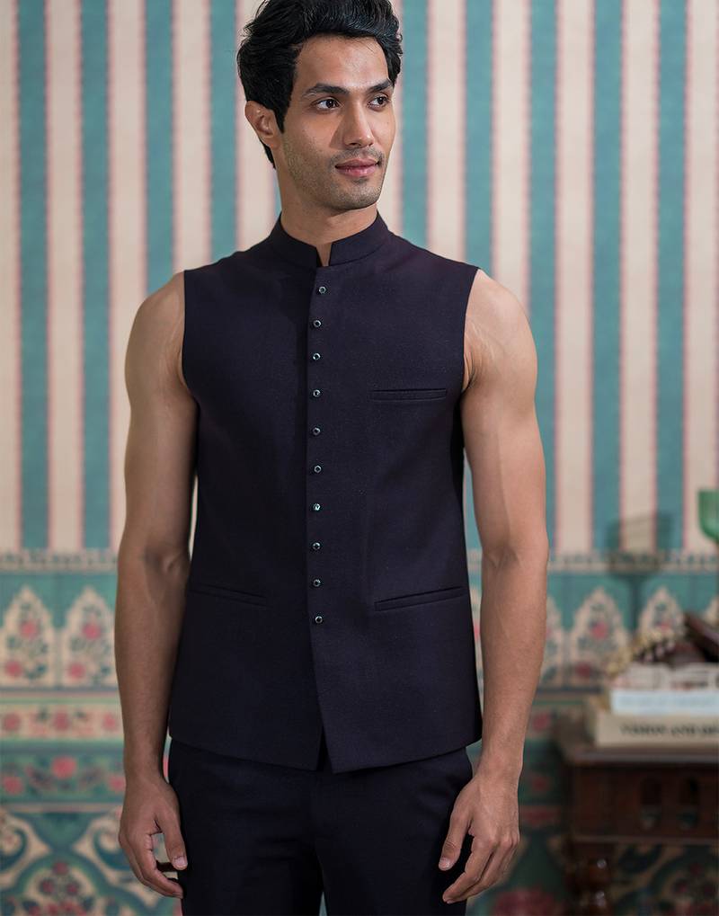 Maroon silk heritage motif open jodhpuri suit with stone work