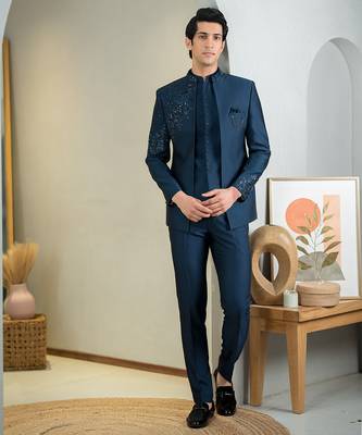 Blue jodhpuri suit with intricate floral hand embroidery 1