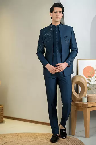 Blue jodhpuri suit with intricate floral hand embroidery