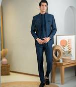 Blue jodhpuri suit with intricate floral hand embroidery