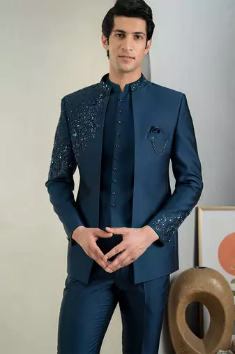 Blue jodhpuri suit with intricate floral hand embroidery
