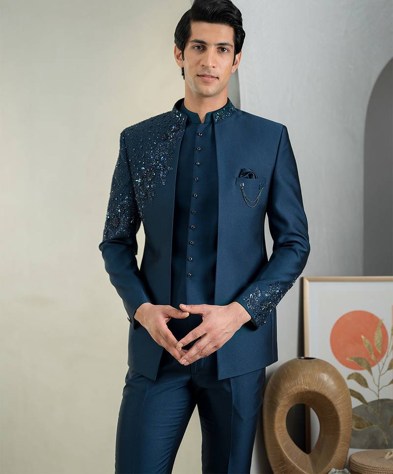 Blue jodhpuri suit with intricate floral hand embroidery