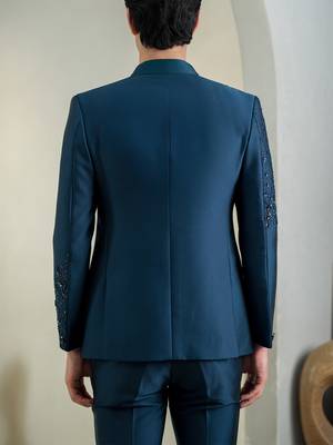 Blue jodhpuri suit with intricate floral hand embroidery 5