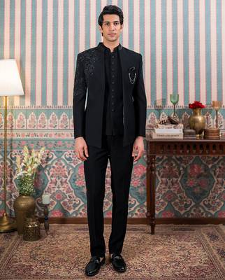Black jodhpuri suit with artisanal cutdana embroidery 1