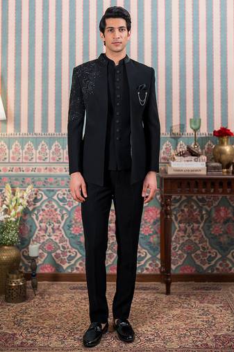Black jodhpuri suit with artisanal cutdana embroidery